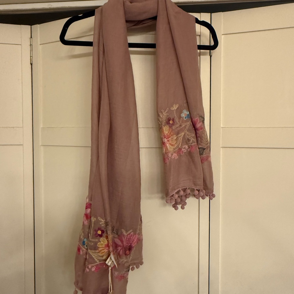 NATURAL LIFE Floral Embroidered Scarf - Tan and Pink